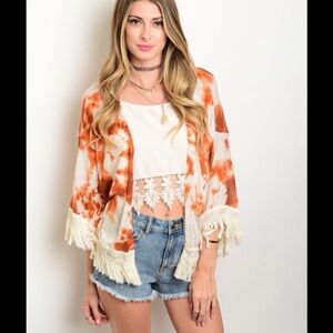 2/$30 Black Bead Orange Rust Tie-Dye Fringe Kimono Cardigan Boho Festival Small